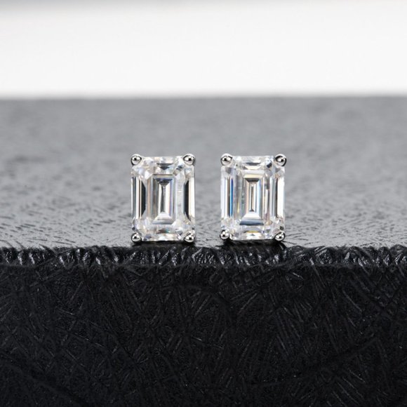 Certified 4ct. t.w. Moissanite Diamond Emerald Cut Stud Earrings NEW - Picture 6 of 14
